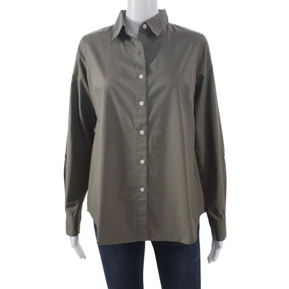 Madison Mathews Women Basic Green Cotton Collared Button Up Long Sleeve Size S